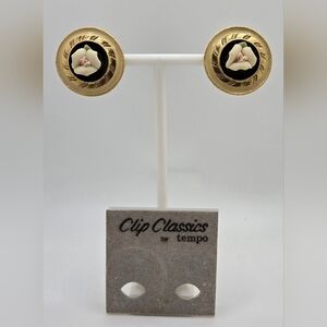 🌼 Classic Metal & Enamel Earrings w/ Rose Bud In Center Of Each 1.25" Diameter